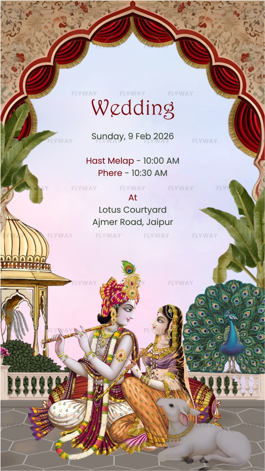 Hindu wedding invite with Radha Krishna under mandap