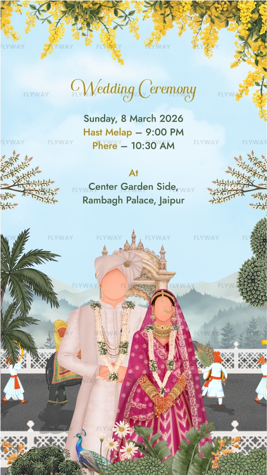 Wedding ceremony invitation with bride and groom