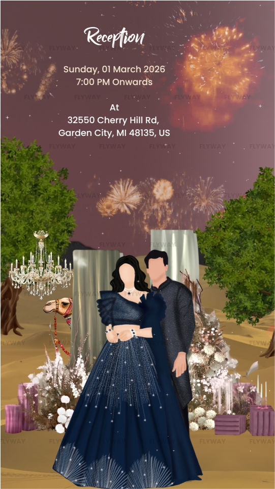 Reception invitation with couple and fireworks in desert backdrop