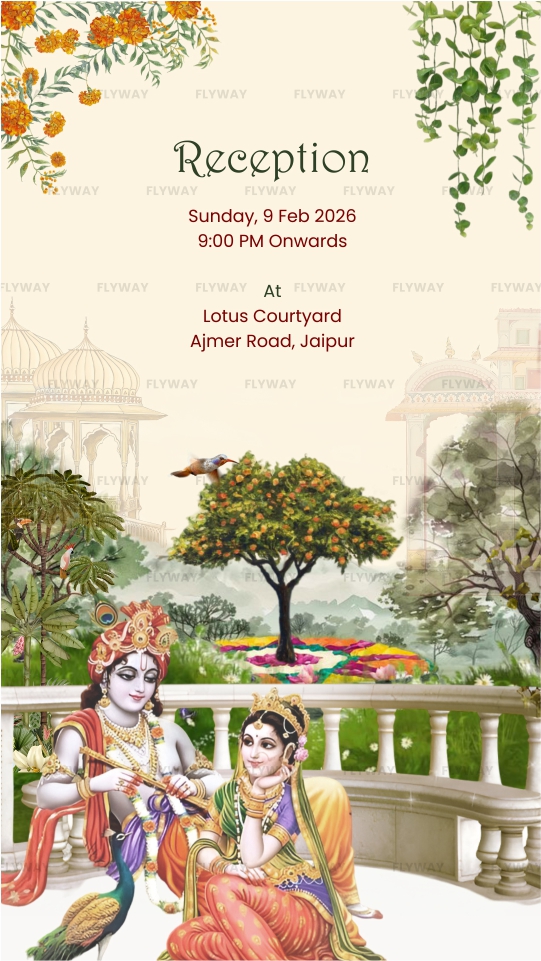 Reception invite with Radha Krishna in royal garden