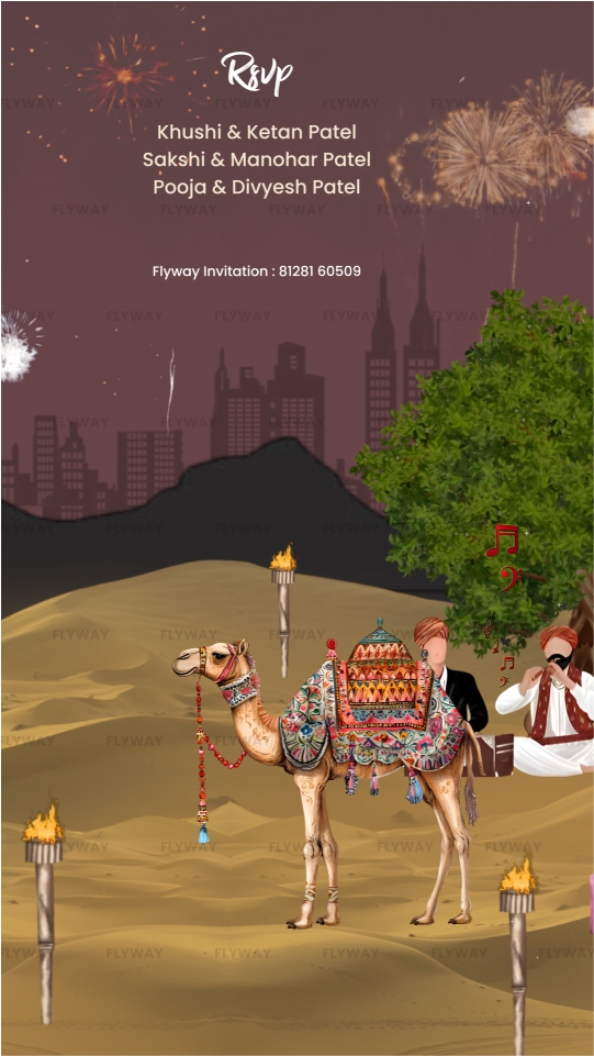 RSVP invitation with camel and musicians in desert at night