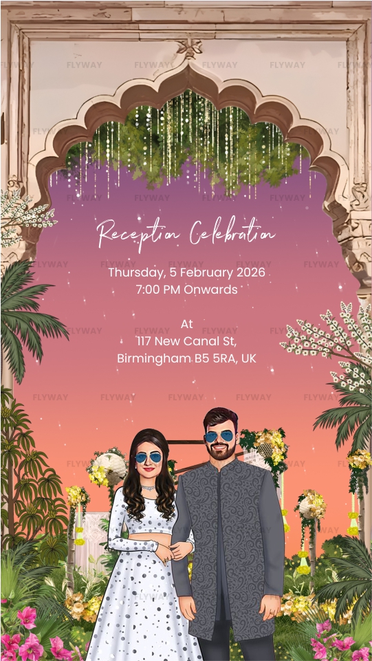 Reception party invite with couple in elegant attire