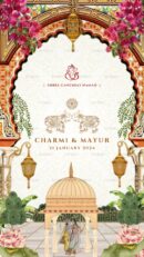 Traditional Indian wedding card with floral arch and Ganesha symbol