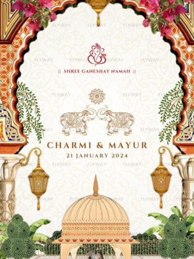 Traditional Indian wedding card with floral arch and Ganesha symbol