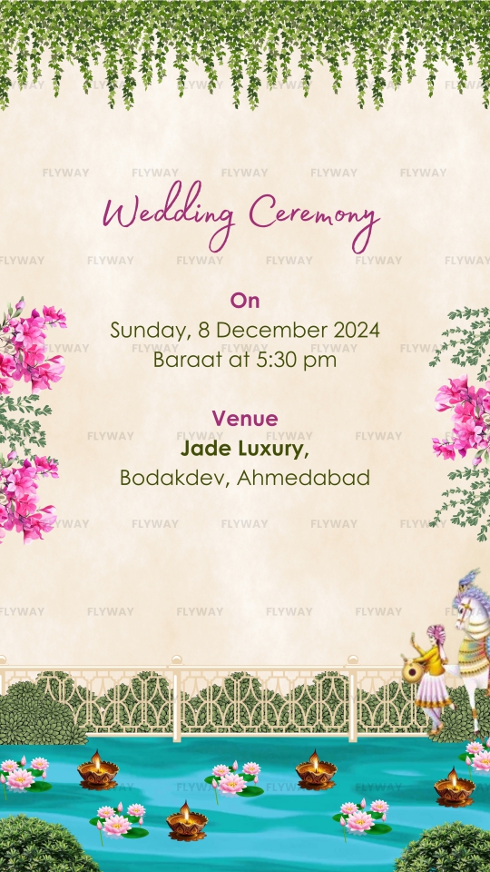 Wedding ceremony invitation card with baraat and floral decor