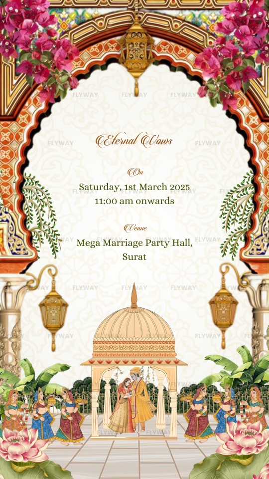 Wedding ceremony card with mandap and rituals illustration