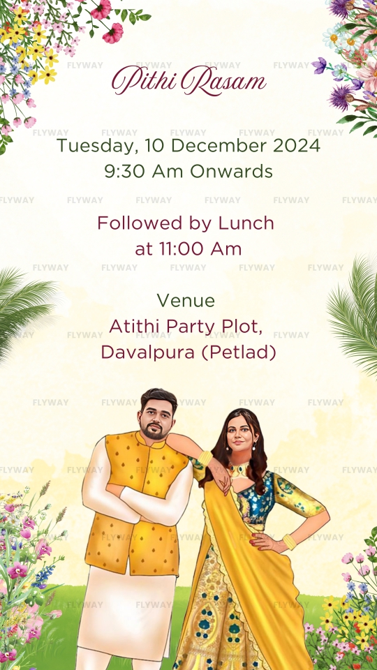 Pithi Rasam invitation with bride and groom illustration
