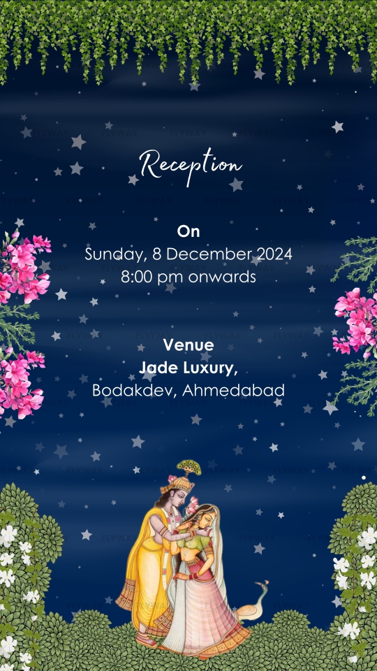 Wedding reception invite card with romantic Radha Krishna artwork