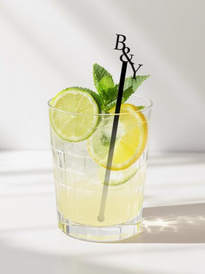 Custom personalized wedding drink stirrer in cocktail glass with lemon and mint