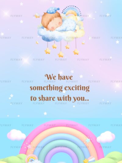 Pastel theme baby shower announcement with baby on cloud and animals