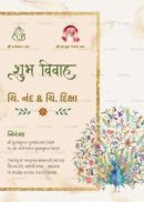 Traditional Indian wedding invitation card with peacock artwork, floral border, and names of the couple Nand and Diksha in Hindi.