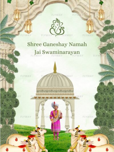 Traditional Randal Mataji Pooja invitation design with divine elements and Gujarati cultural motifs.