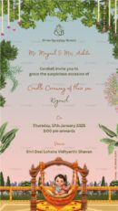 Cradle ceremony invitation card for baby Kiyansh with traditional Indian decorations and illustrated baby in cradle.