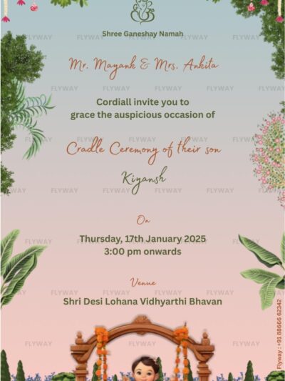 Cradle ceremony invitation card for baby Kiyansh with traditional Indian decorations and illustrated baby in cradle.