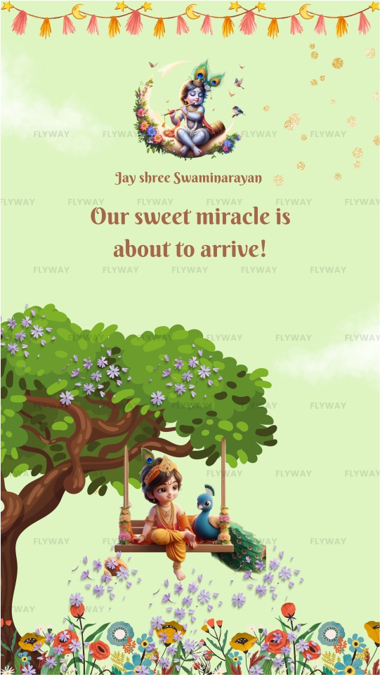 Baby announcement with Lord Krishna theme, featuring a child Krishna on a swing with a peacock under a tree and floral background