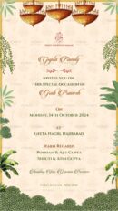 Traditional Griha Pravesh invitation card with golden chandeliers, floral borders, and elegant typography, inviting guests to the Gupta family’s housewarming ceremony.