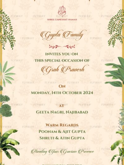Traditional Griha Pravesh invitation card with golden chandeliers, floral borders, and elegant typography, inviting guests to the Gupta family’s housewarming ceremony.