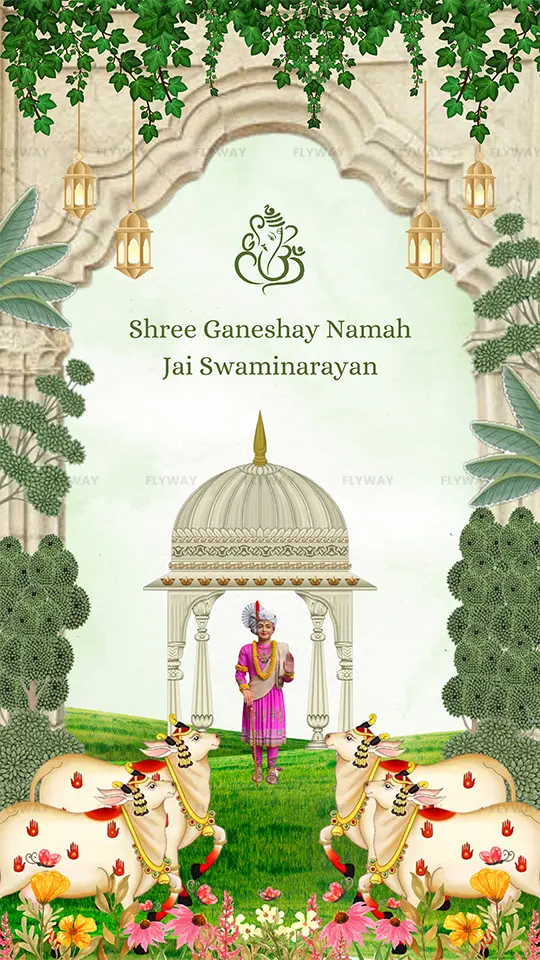 Traditional Randal Mataji Pooja invitation design with divine elements and Gujarati cultural motifs.