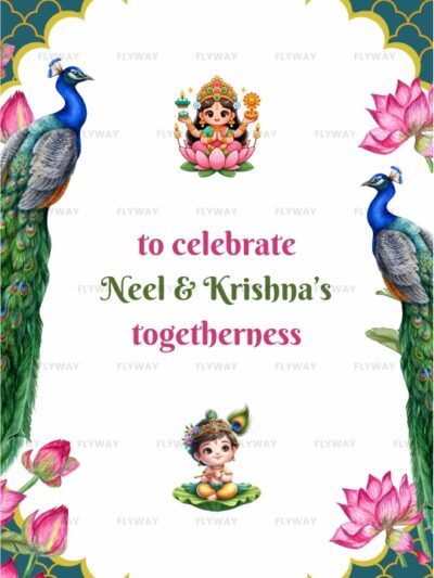 Invitation card with peacocks, lotus flowers, and illustrations of Hindu deities for Neel and Krishna's togetherness celebration.