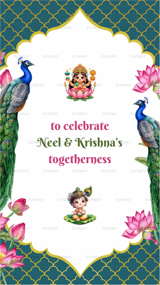 Invitation card with peacocks, lotus flowers, and illustrations of Hindu deities for Neel and Krishna's togetherness celebration.