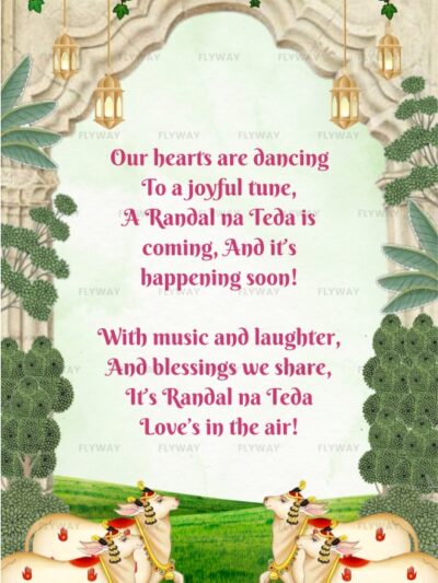 Randal na Teda poetic invitation slide with decorated cows, flowers, and hanging lanterns in a festive garden setting.