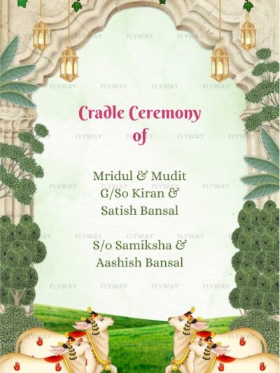 Cradle ceremony invitation text page with names Mridul & Mudit, Kiran & Satish Bansal, Samiksha & Aashish Bansal, framed by floral and cow decorations.
