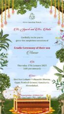 Traditional Indian cradle ceremony invitation card for baby Manav with floral decorations, hanging garlands, and illustrated cradle.