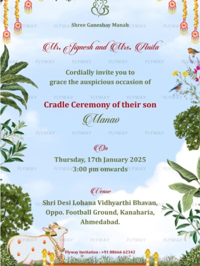 Traditional Indian cradle ceremony invitation card for baby Manav with floral decorations, hanging garlands, and illustrated cradle.