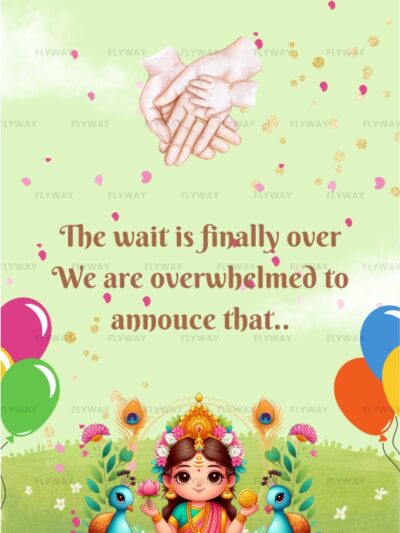 Baby girl announcement with goddess theme, featuring a divine child goddess on a lotus with peacocks, balloons, and floral decorations