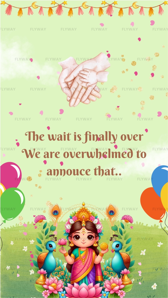 Baby girl announcement with goddess theme, featuring a divine child goddess on a lotus with peacocks, balloons, and floral decorations