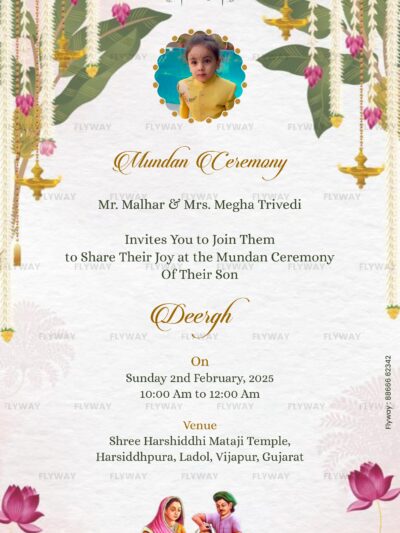 Mundan Ceremony Invite card for a boy, designed with traditional Indian floral decorations, a child’s photo, and full event details in English.