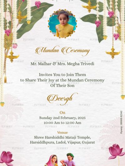 Mundan Ceremony Invite card for a boy, designed with traditional Indian floral decorations, a child’s photo, and full event details in English.