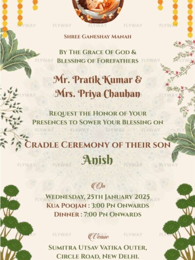Elegant Indian cradle ceremony invitation card for baby Anish featuring floral decor, baby in a wooden swing, and traditional design.