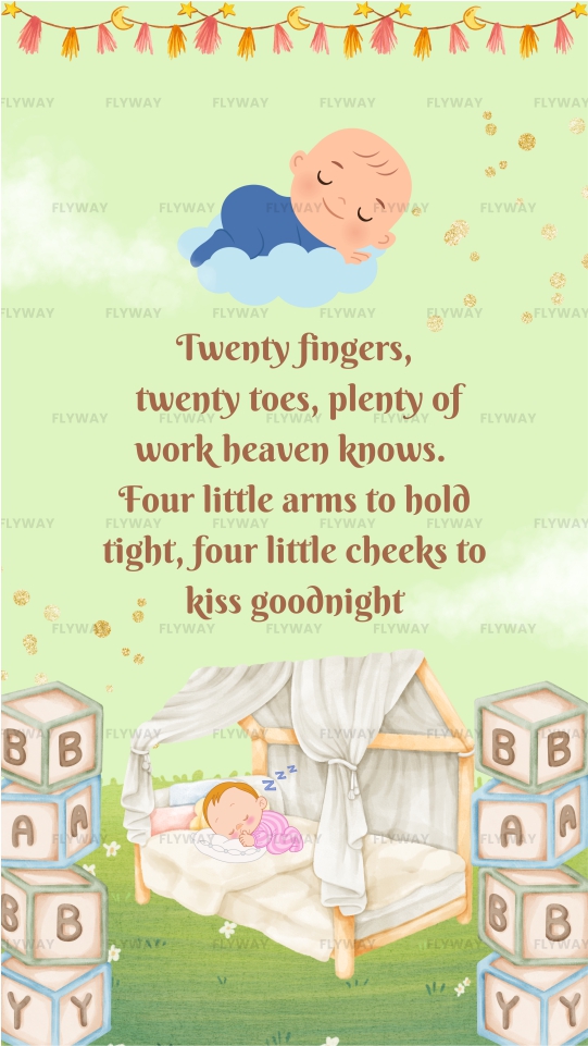 Twin baby announcement with illustrated sleeping babies, baby blocks, crib, and poetic quote