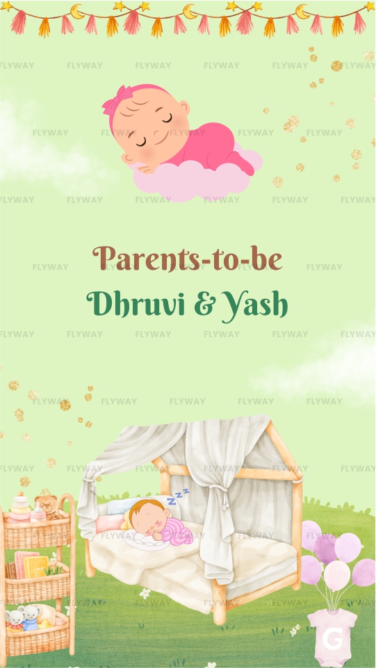 Baby girl sleeping on cloud with crib and nursery scene announcing parents-to-be Dhruvi and Yash
