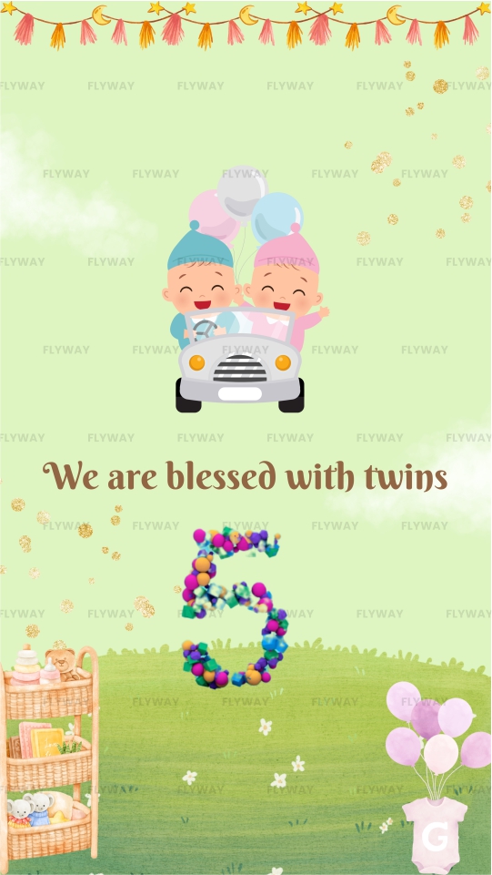 Cartoon twin babies in a car with balloons celebrating a twin birth announcement on a pastel background