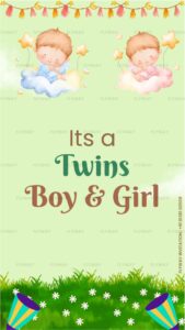 Adorable twin babies, a boy in blue and a girl in pink, resting on clouds with stars, announcing the birth of boy and girl twins.