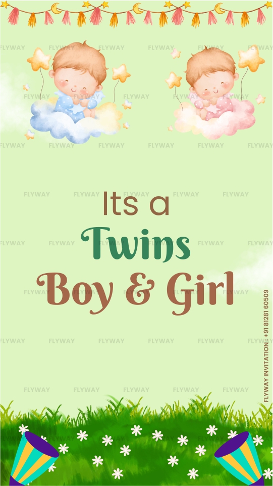 Adorable twin babies, a boy in blue and a girl in pink, resting on clouds with stars, announcing the birth of boy and girl twins.