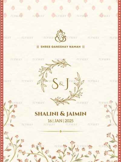 Elegant floral wedding invite with minimalist Ganesh symbol and traditional elements