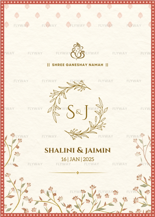 Elegant floral wedding invite with minimalist Ganesh symbol and traditional elements