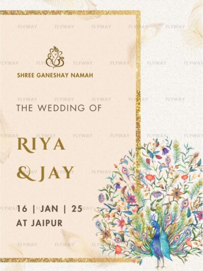 Elegant Indian wedding invitation with floral peacock artwork and golden border