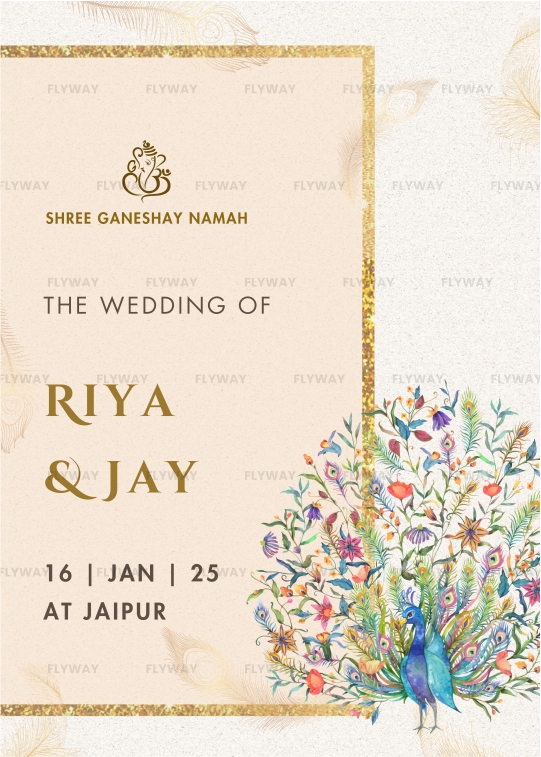 Elegant Indian wedding invitation with floral peacock artwork and golden border
