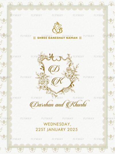 Elegant floral crest design on traditional Indian wedding invite