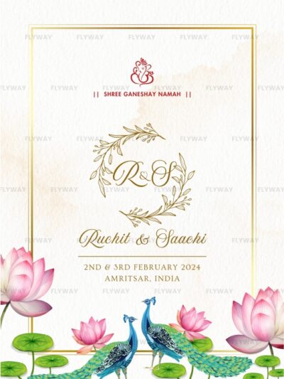 Elegant Indian wedding invitation with floral border, peacocks, and lotus flowers