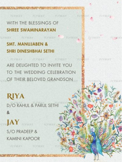 Traditional Indian wedding invitation with blessings and peacock illustration