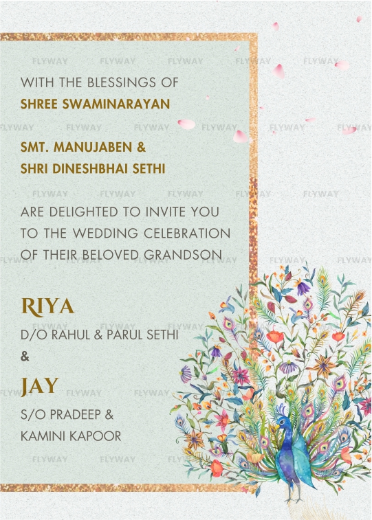 Traditional Indian wedding invitation with blessings and peacock illustration