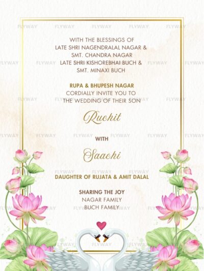 Traditional Indian wedding invitation layout with swans and lotus decorations