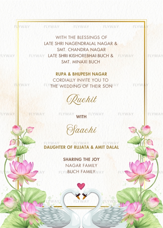 Traditional Indian wedding invitation layout with swans and lotus decorations