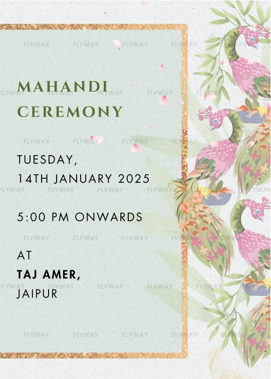 Mehndi ceremony card with pink peacocks and green leaf accents