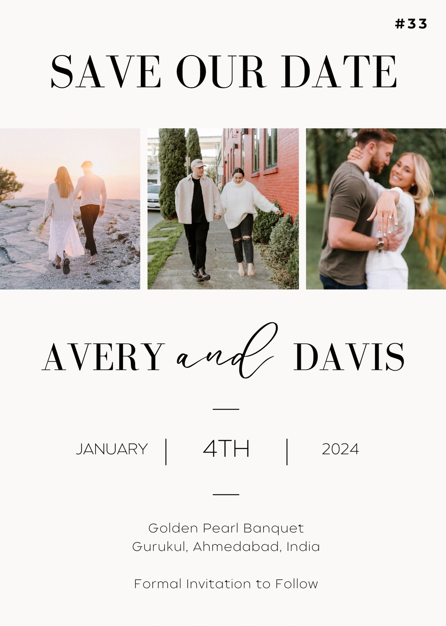 Modern wedding save the date with three lifestyle photos